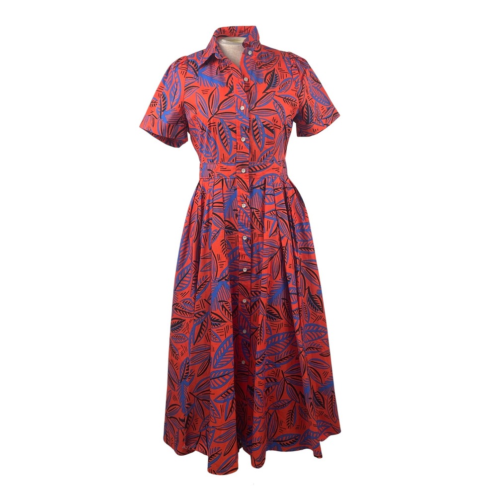 Alexis for Target Red Blue Tropical Leaf Button Front Midi Shirt Dress XS